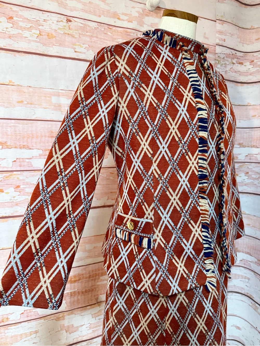 VINTAGE 60s Rust Diamond-Pattern Jacket & Dress Set - Picture 3 of 12